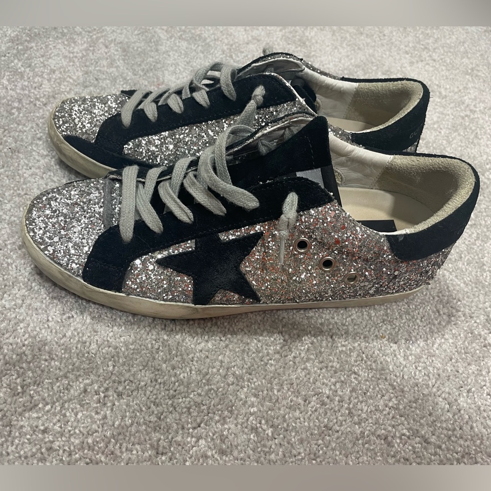 Golden Goose Silver and Black Glitter Sneakers